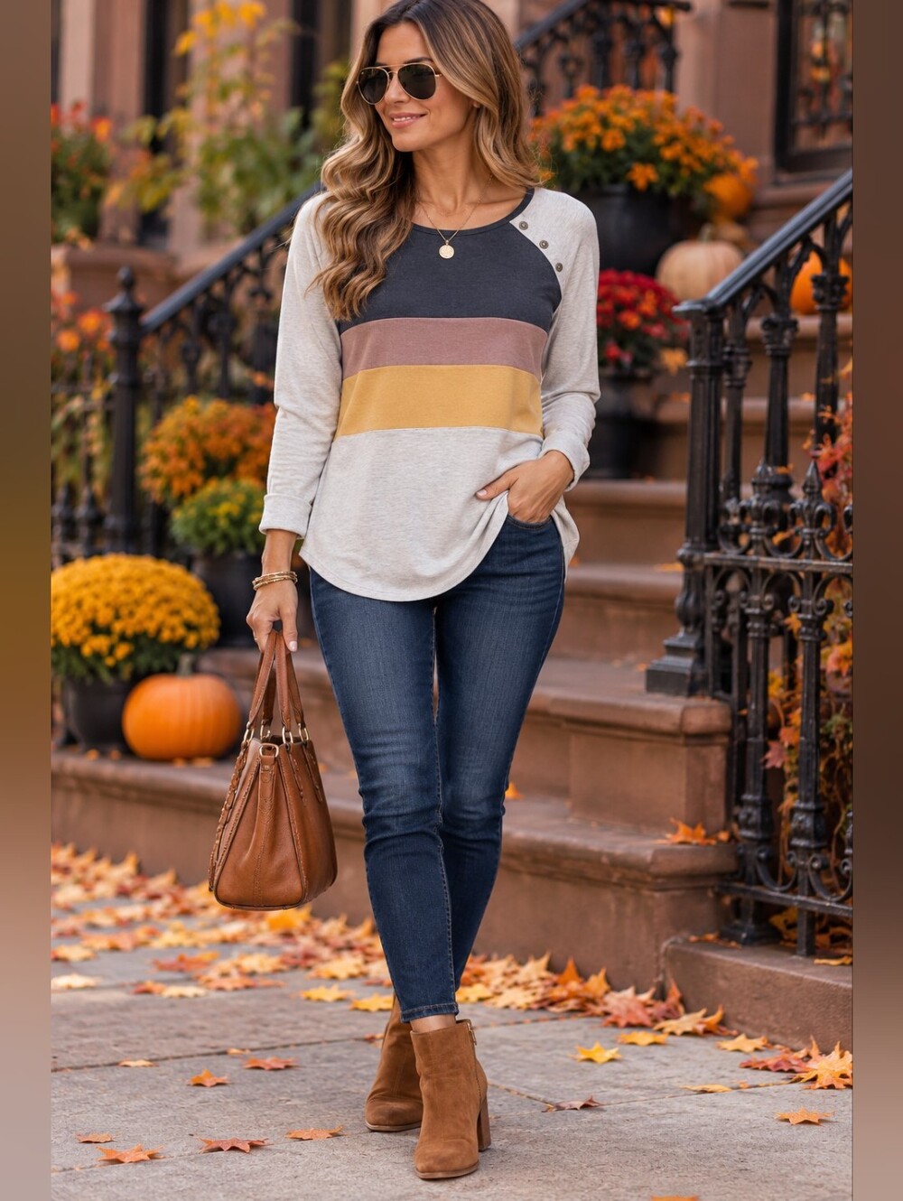 Pink Clover Colorblock Long Sleeve Top in Gray, Charcoal, Mauve and Mustard